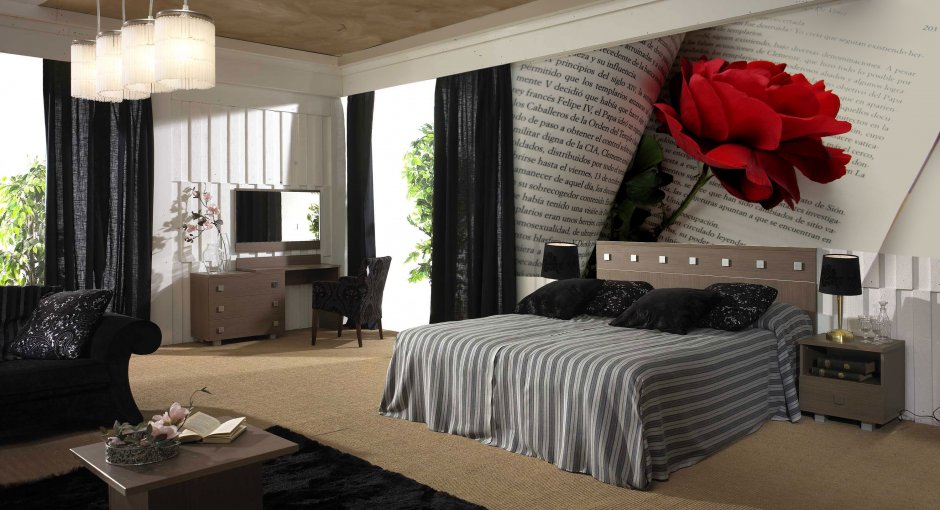 Спальня черная кровать с фотообоями цветы