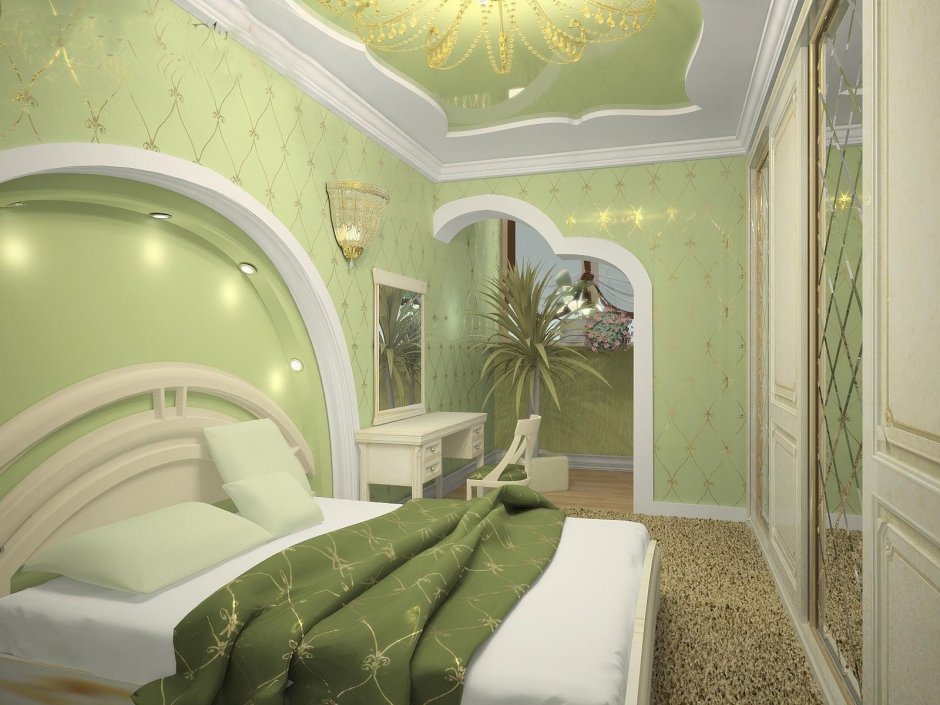 Спальня в зеленых тонах с нишей