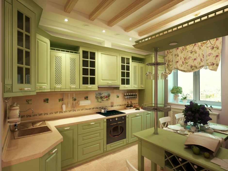 Кухня с оливковыми фасадами
