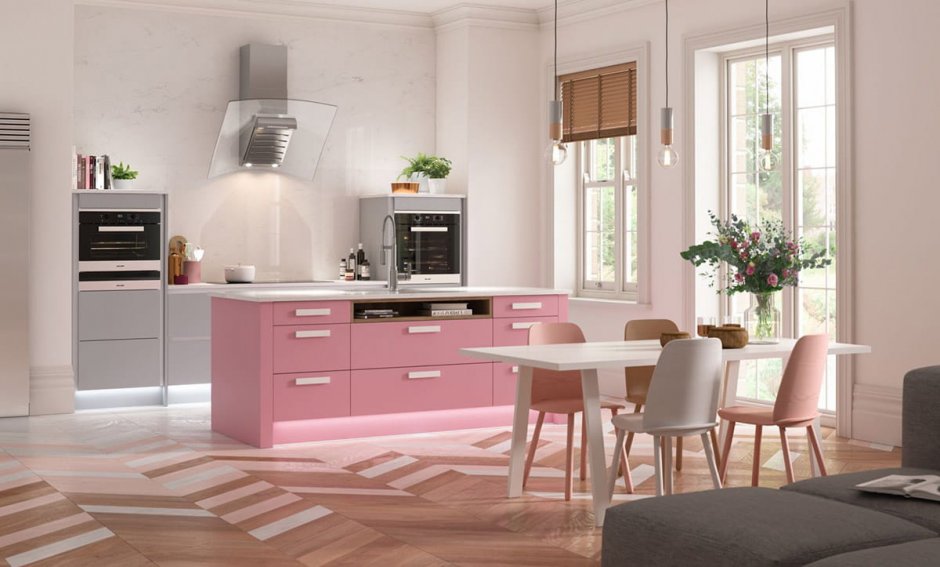 Сочетание цветов в интерьере кухни розовый и серый