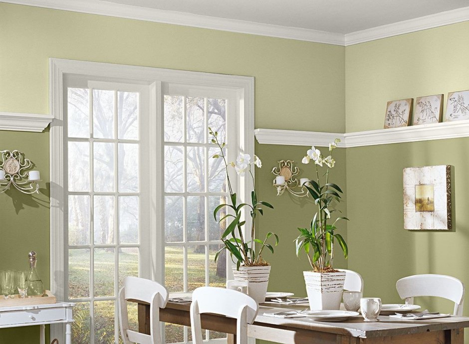 Оливковый цвет стен в интерьере кухни