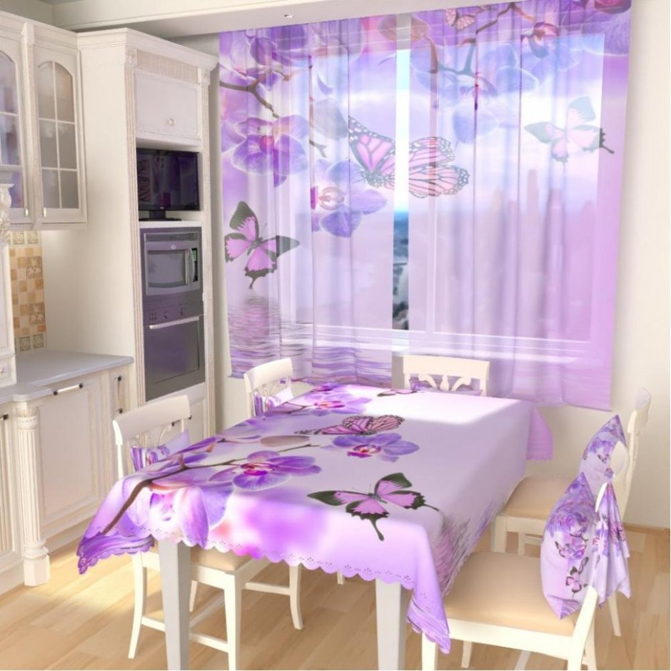 Лиловые шторы на кухню