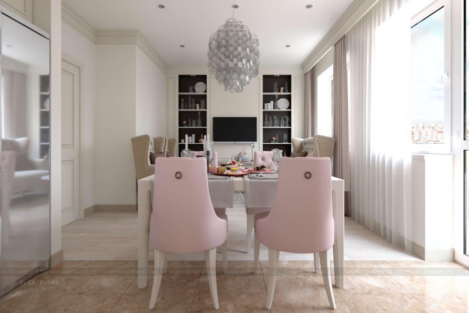 Розовые стулья в интерьере кухни гостиной