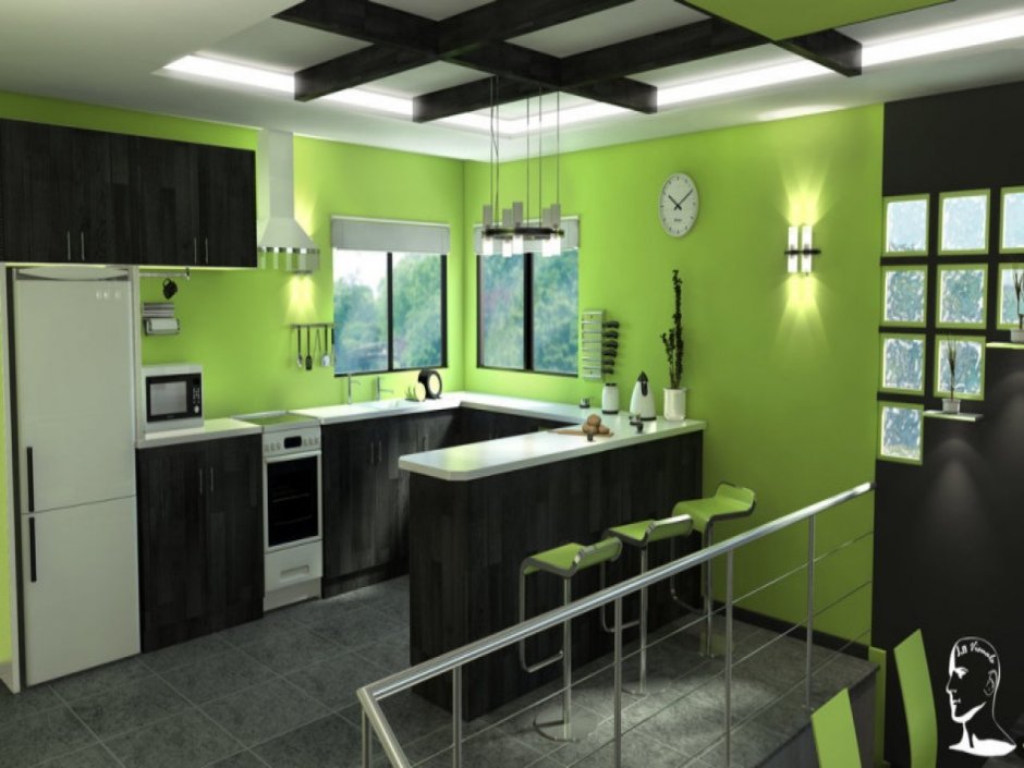 Зеленая с черным кухня в интерьере