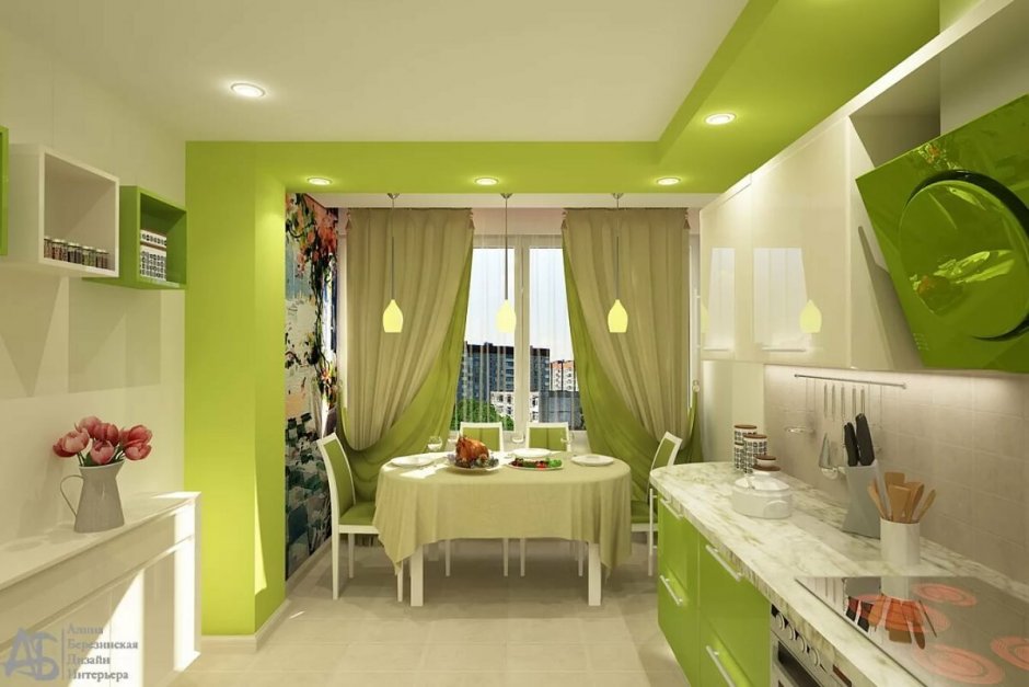 Зеленые шторы на кухню