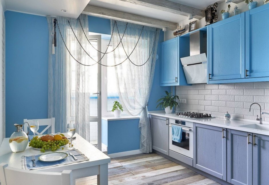 Кухня в бежево голубых тонах (35 фото)