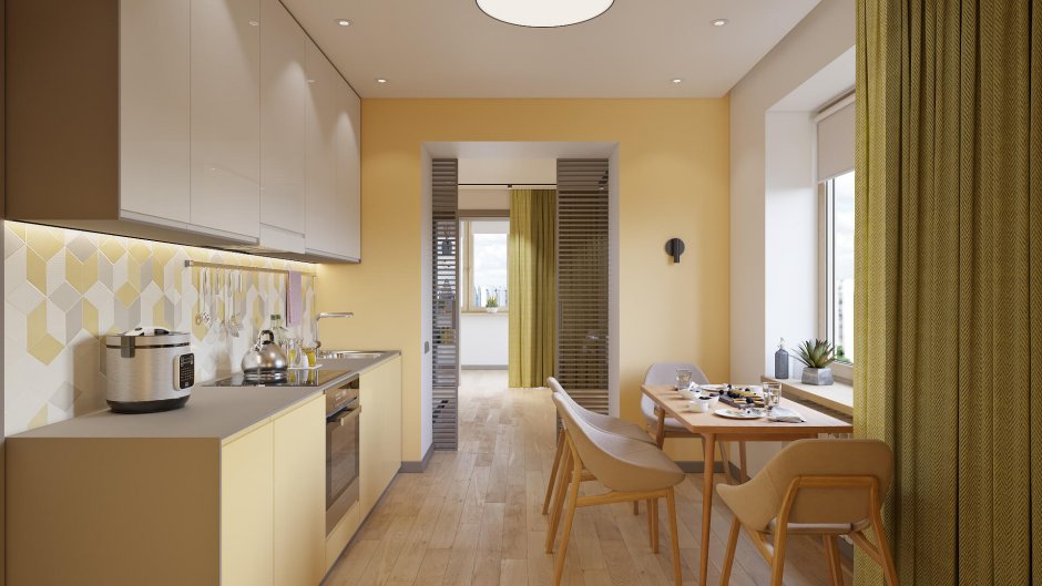 Кухня гостиная светло желтые стены