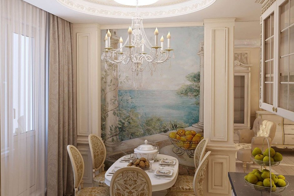 Фреска в интерьере гостиной в классическом стиле