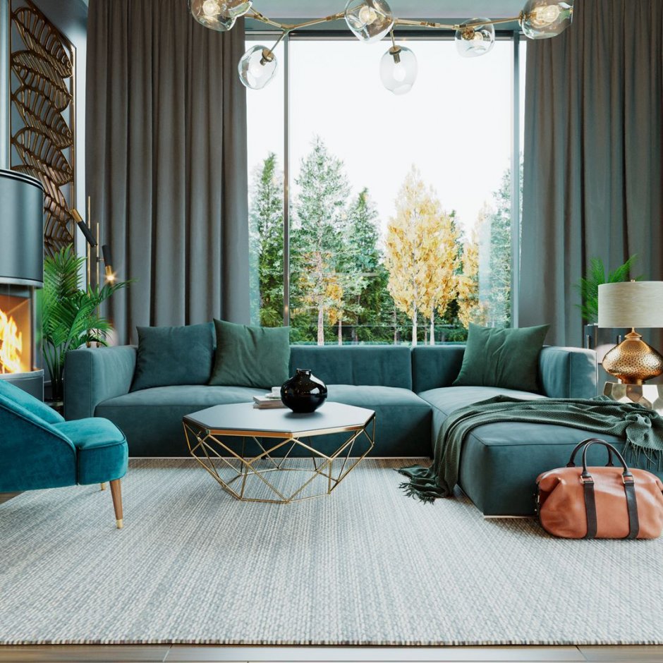 Темно-бирюзовый диван в интерьере гостиной