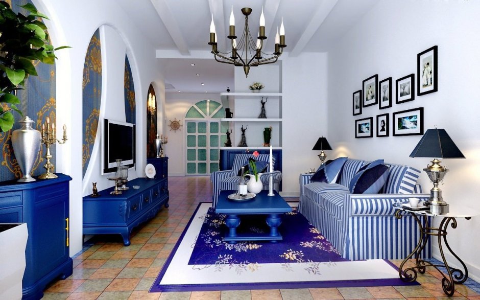 Голубая гостиная в средиземноморском стиле