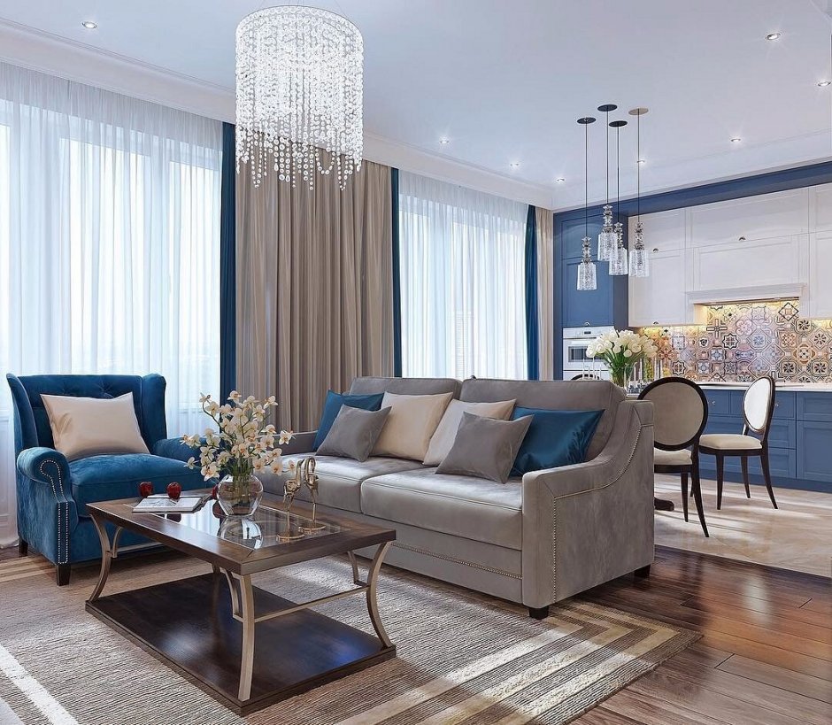 Синий диван в бежевом интерьере гостиной (35 фото)