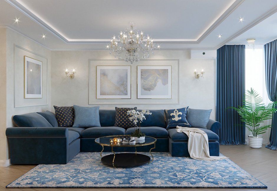 Дизайн гостиной с круглым ковром и синим диваном