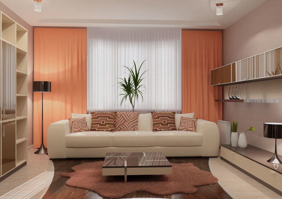 Персиковый диван в интерьере гостиной