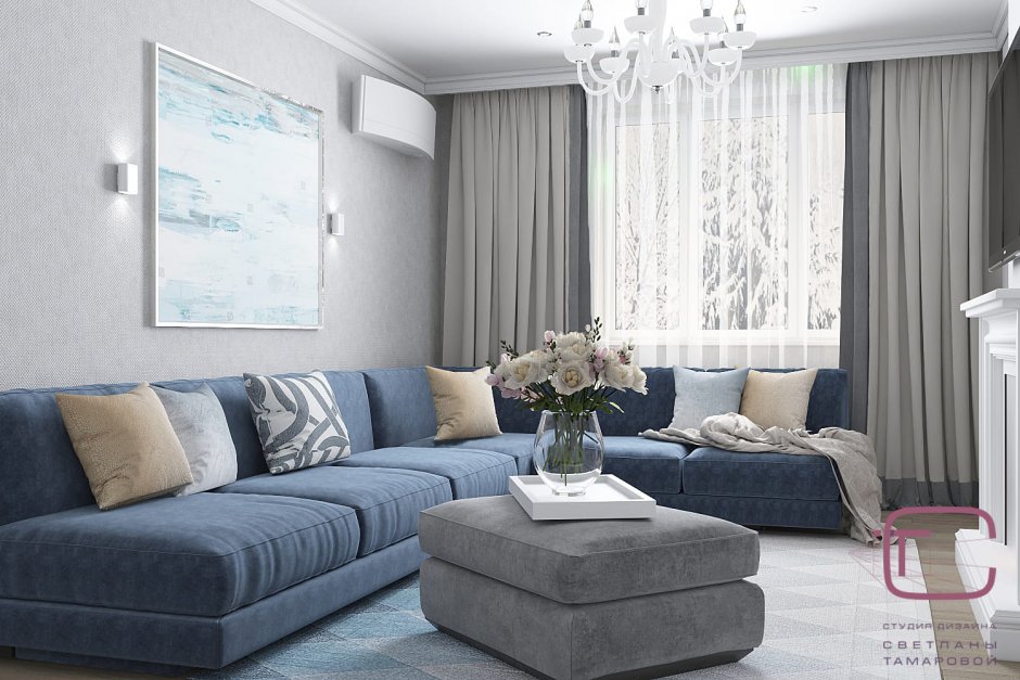 Светло голубой диван в интерьере гостиной (35 фото)