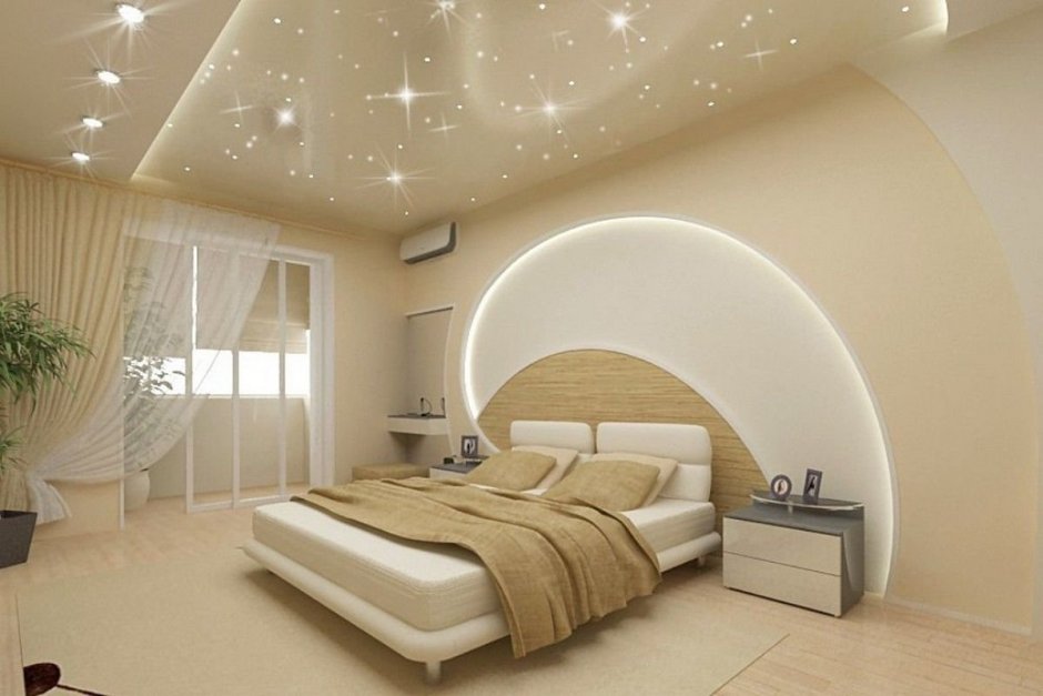 Дизайн натяжных потолков с точечными светильниками в спальне