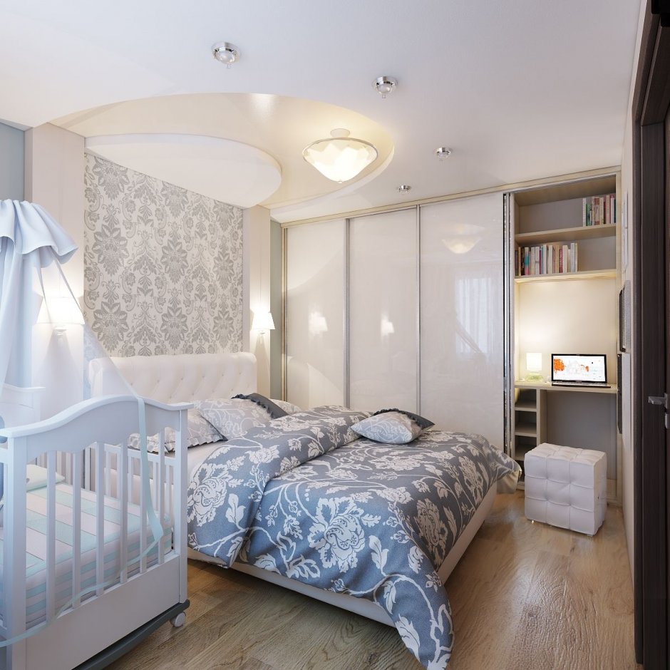 Спальня с детской кроваткой 14 кв.м серые обои