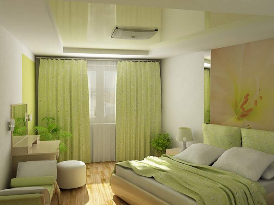 Бежевая спальня с зелеными шторами