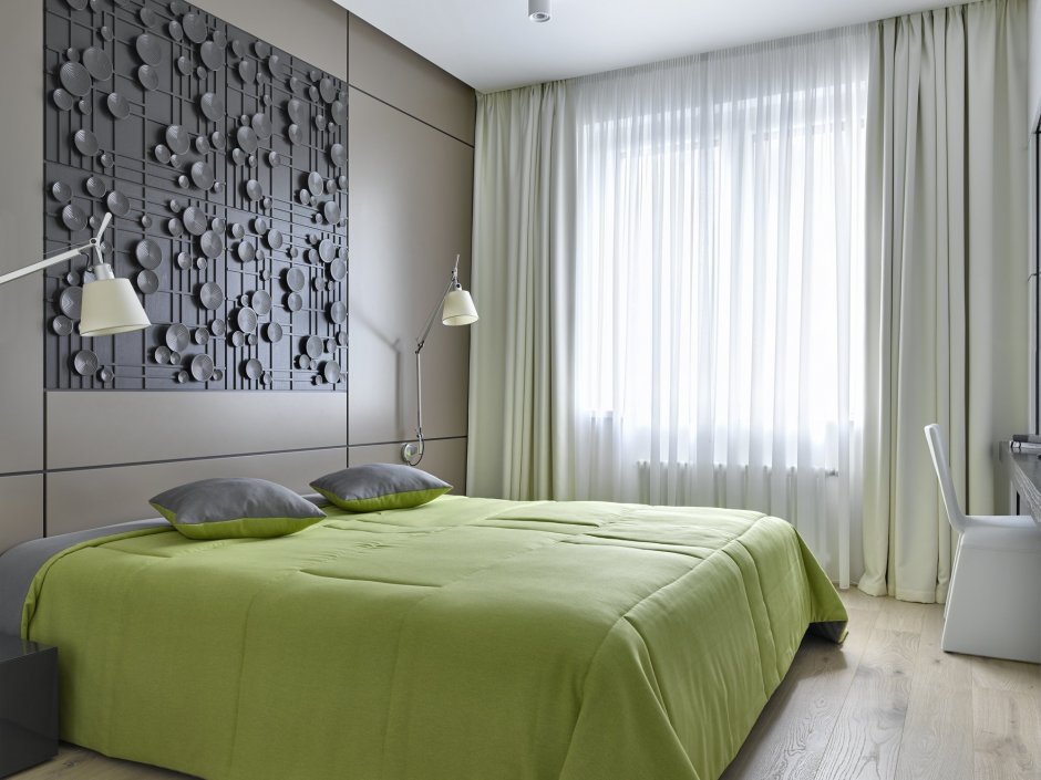 Серо зеленая современная спальня