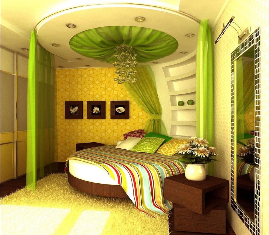 Спальня в желто зеленых тонах