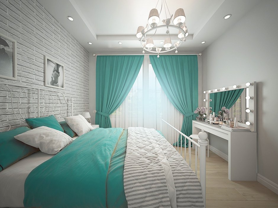 Светлая спальня с бирюзовыми шторами