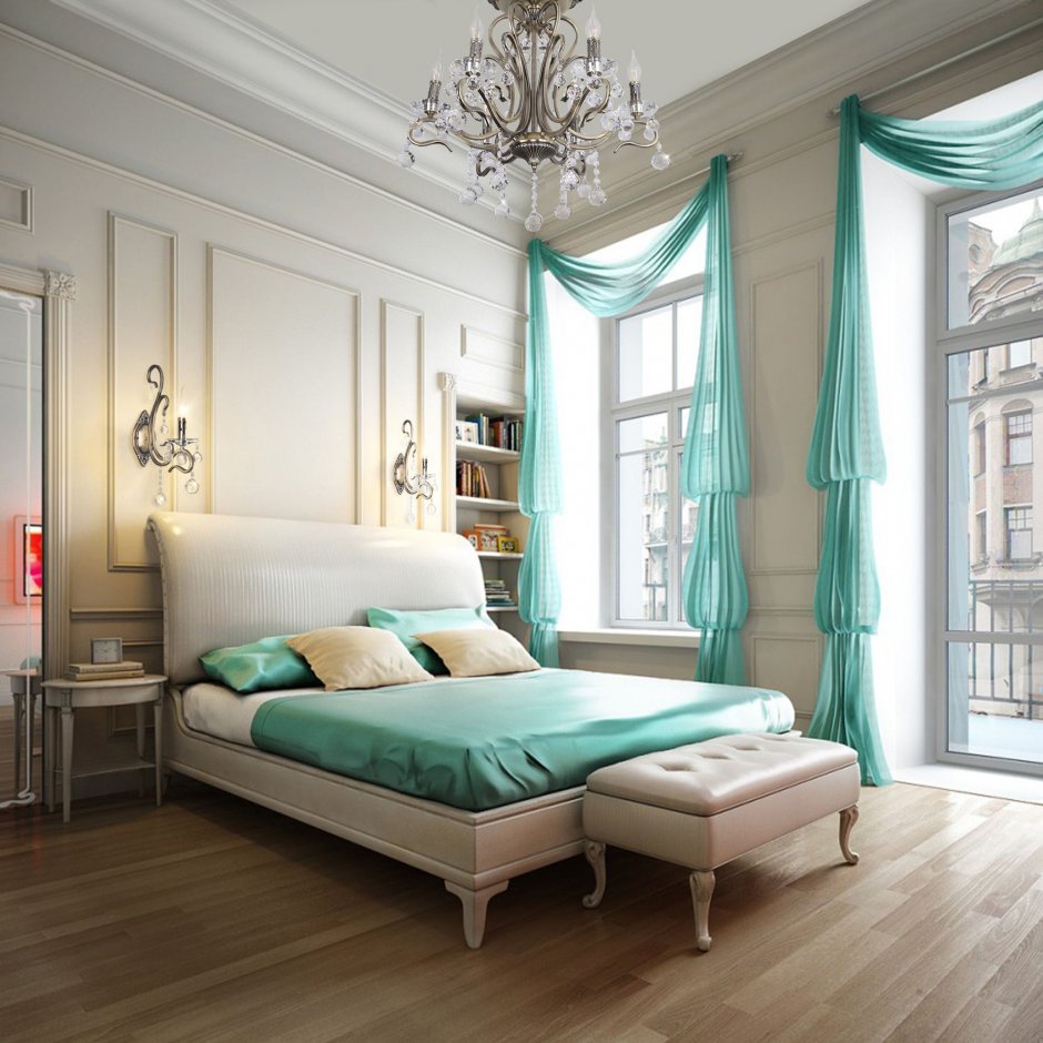 Бирюзовые шторы в спальне (65 фото)