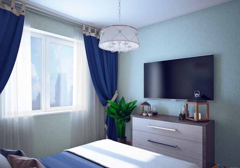 Интерьер комнаты с синими шторами
