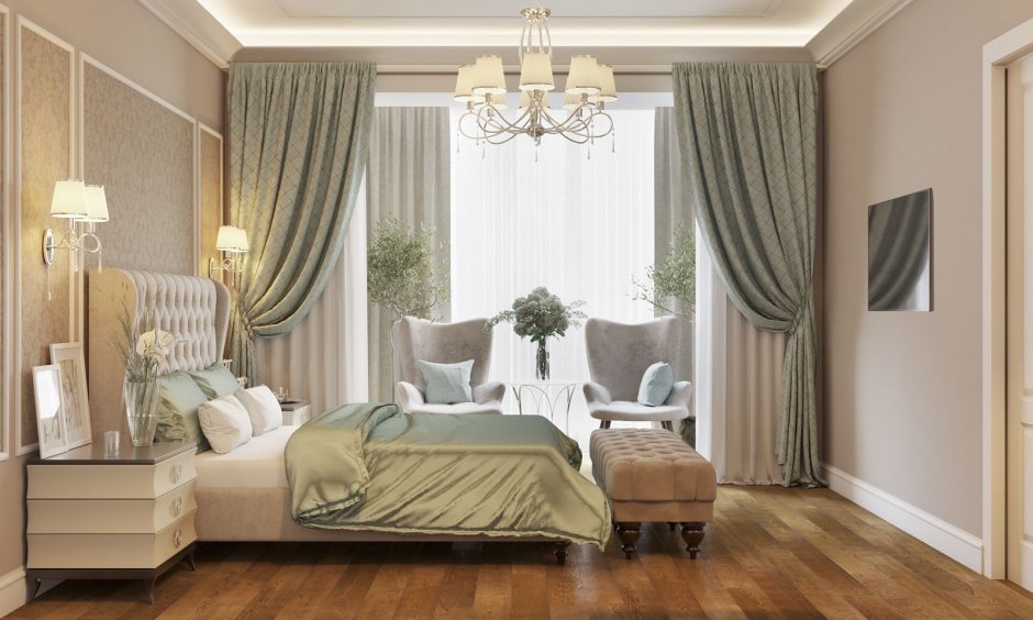 Бежевая спальня с зелёными шторами в классическом стиле