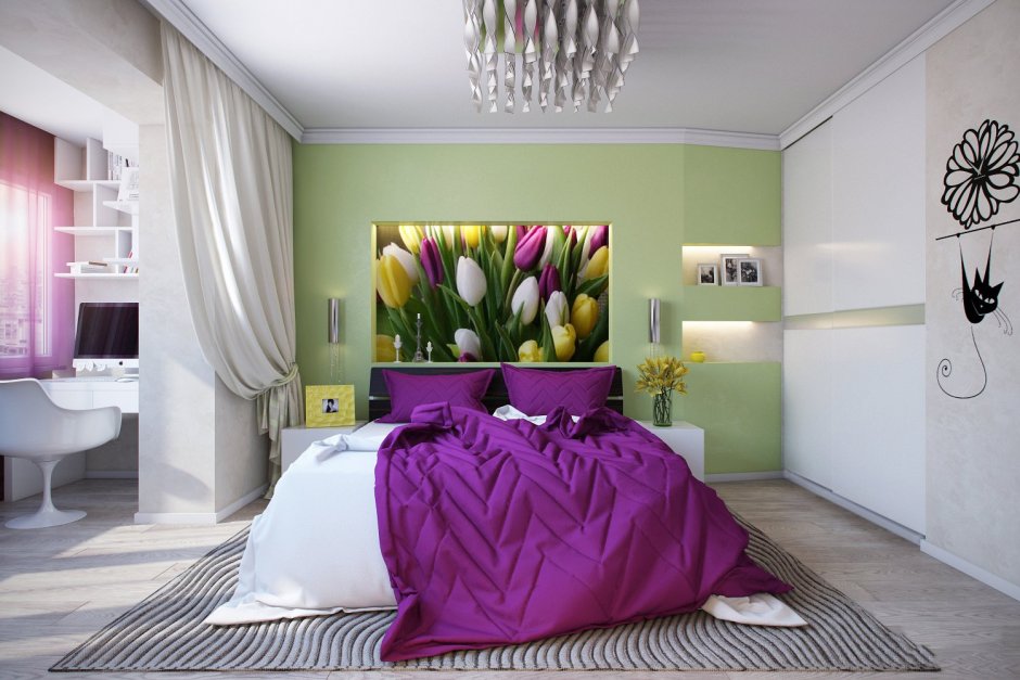 Спальня в фиолетово зеленых тонах