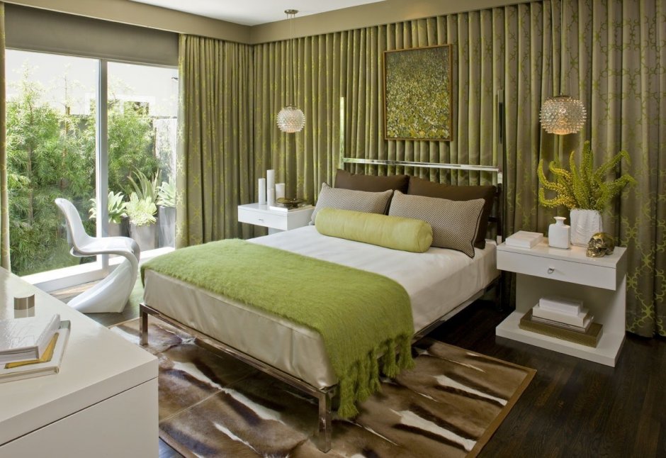 Спальня в зелено коричневых тонах