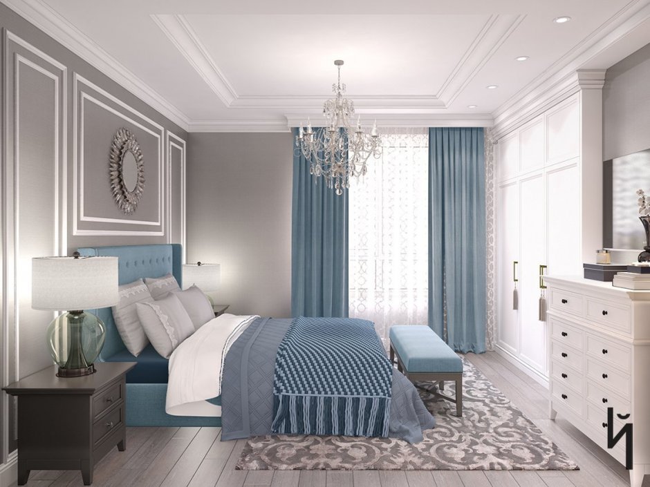 Спальня в голубых тонах в современном стиле