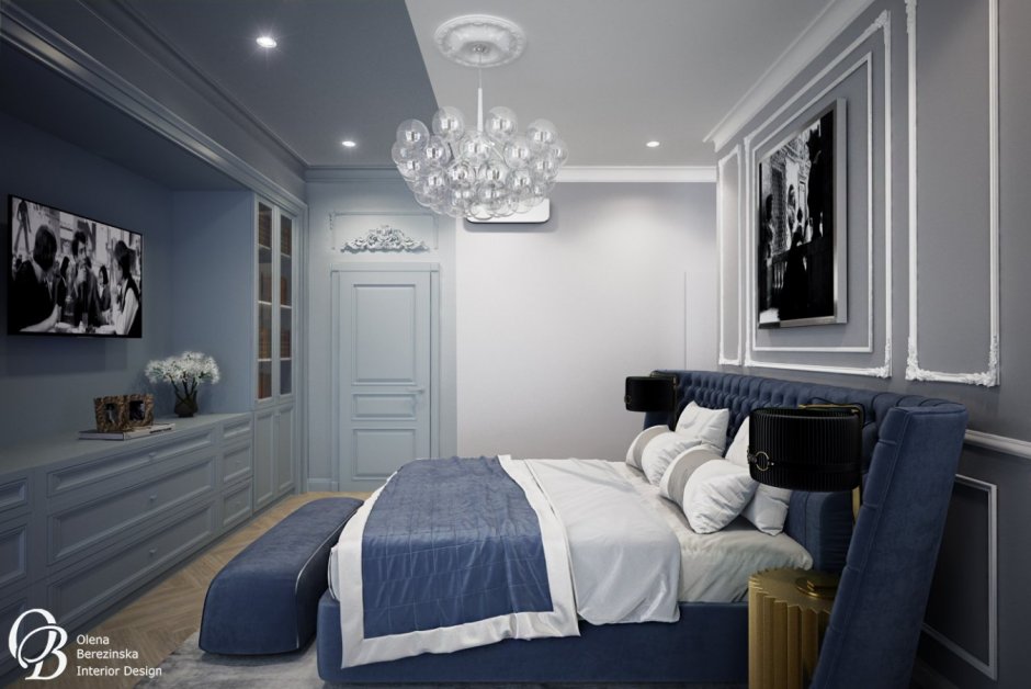 Спальня сине-серая в классическом стиле