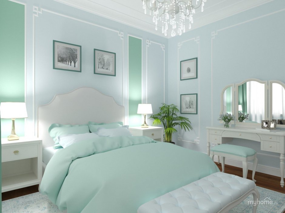 Спальня в пастельных тонах с белой мебелью