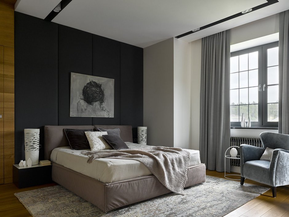 Спальня в современном стиле с серыми стенами