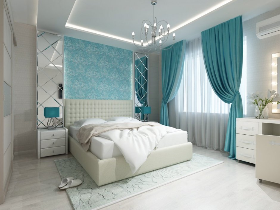 Спальня в бирюзовых тонах с белой мебелью