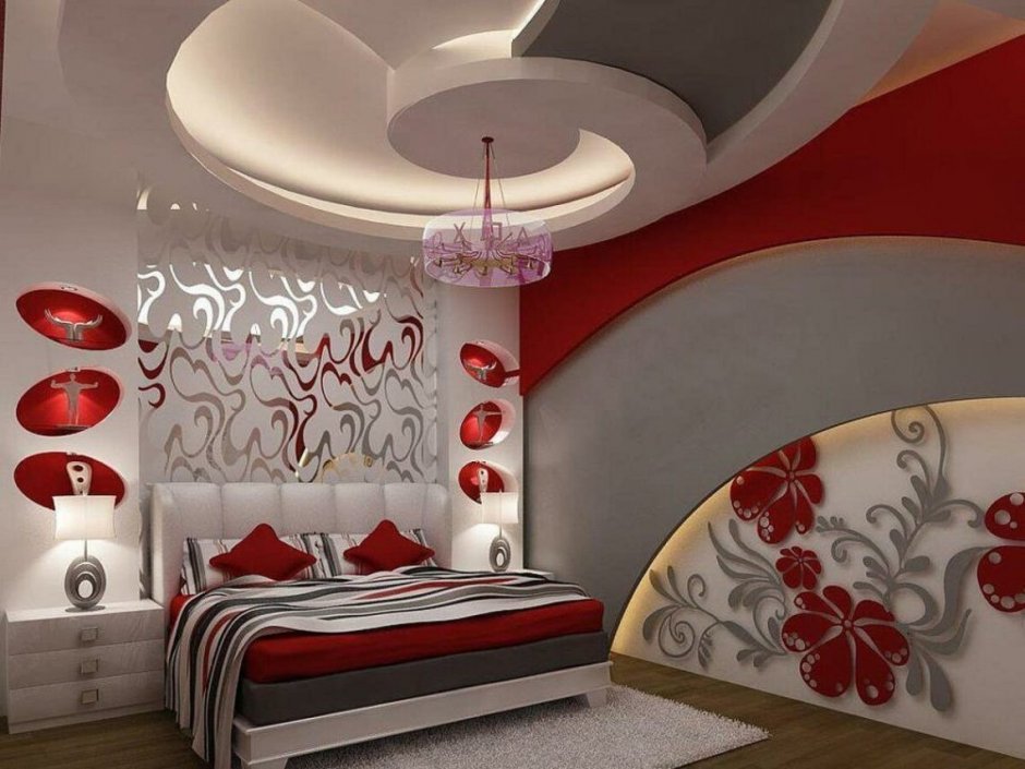 Красивые и фигурные потолки для спальни