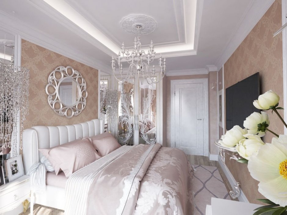 Классическая спальня в пудровом цвете