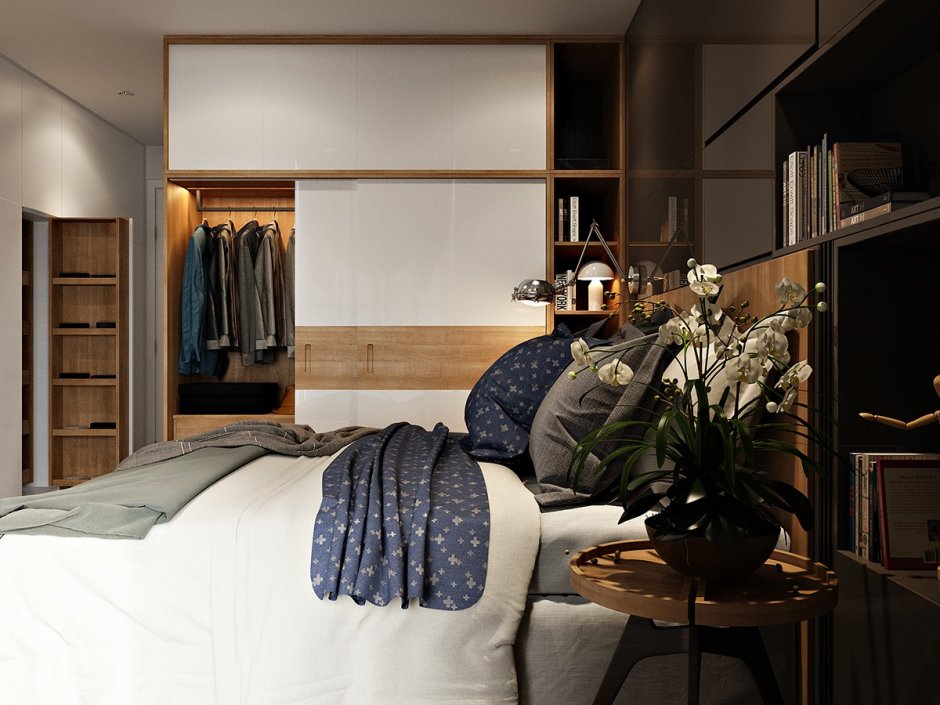 Небольшая стильная спальня с гардеробом