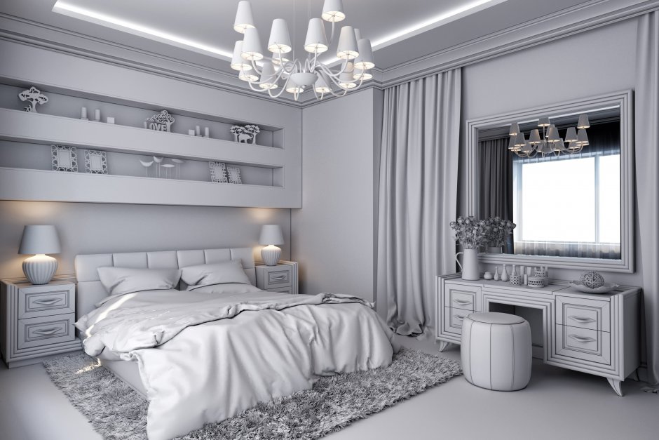 Спальня в классическом стиле в серых тонах