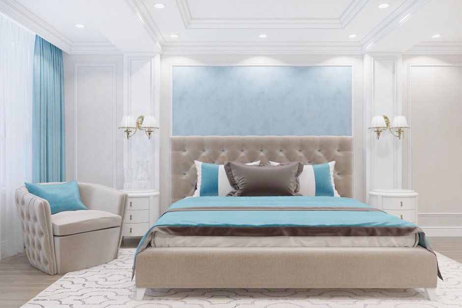 Бирюзовая спальня в классическом стиле