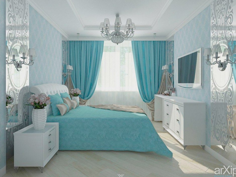 Бело бирюзовая спальня