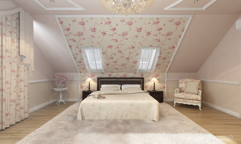 Интерьер спальни на мансарде в стиле Прованс