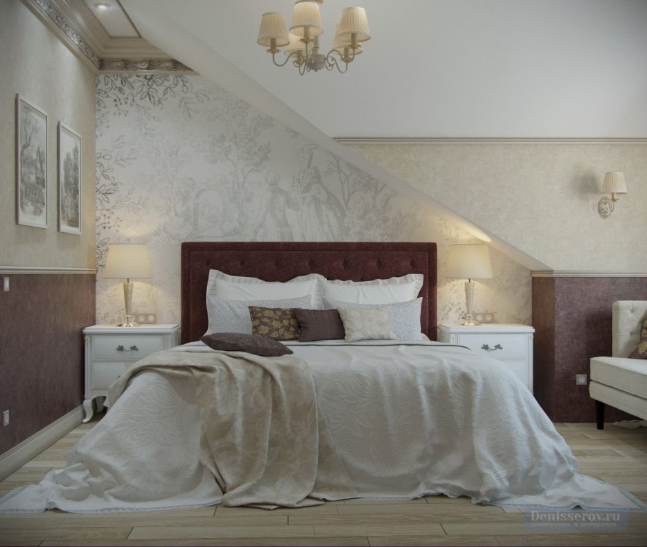 Мансарда спальня в классическом стиле бежевый