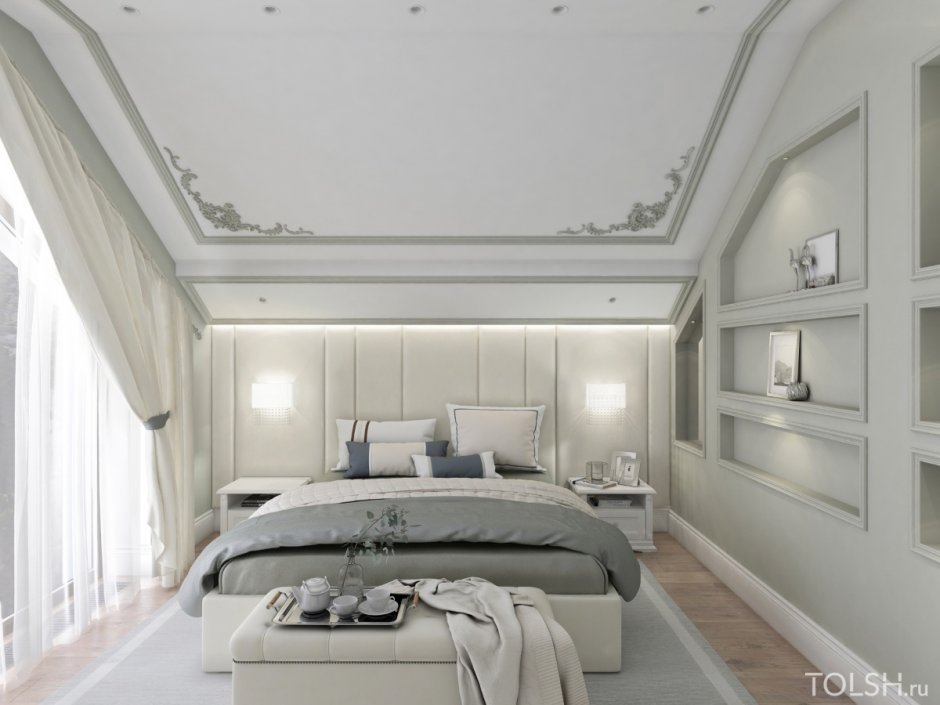 Спальня на мансарде в классическом стиле современной