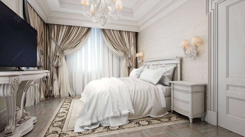 Спальня в светлых тонах в современном классическом стиле