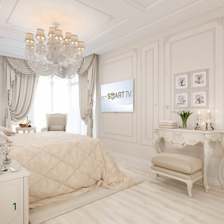 Спальня в классическом стиле в светлых тонах для среднего класса