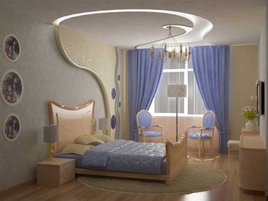 Интерьер для спальни потолка из гипсокартона