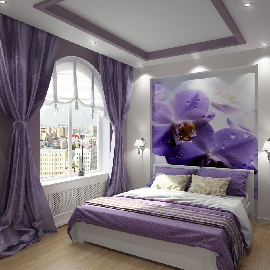 Спальня в серо-фиолетовых тонах