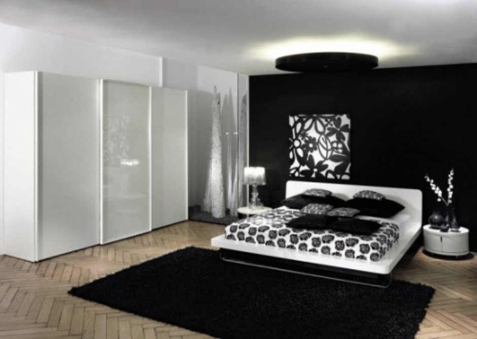Черная спальня с белой мебелью