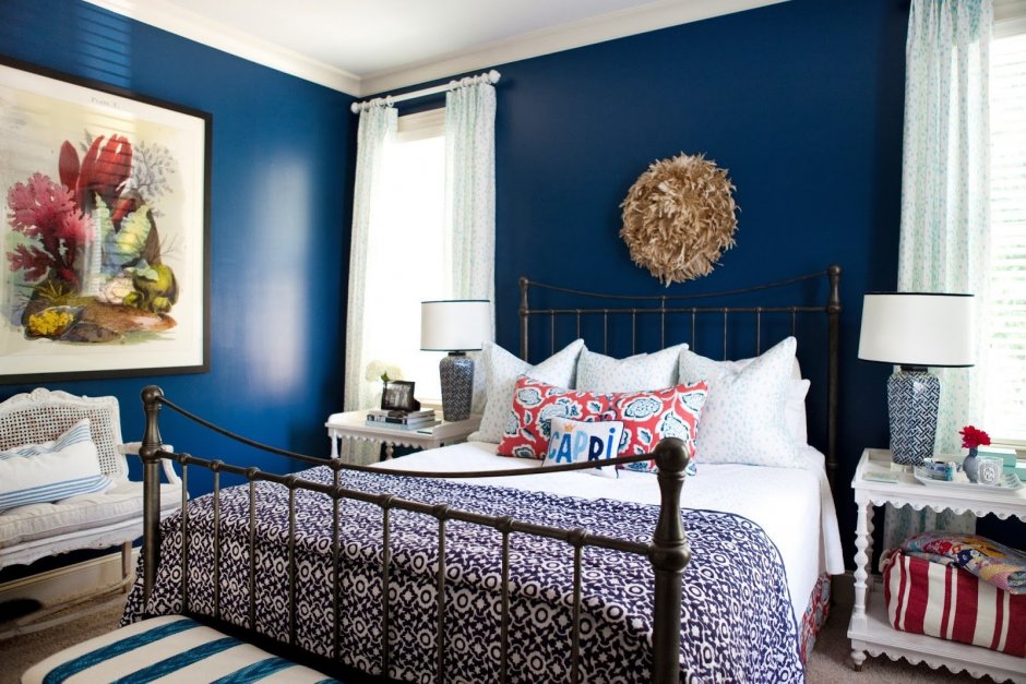 Спальня в сине коричневых тонах (34 фото)