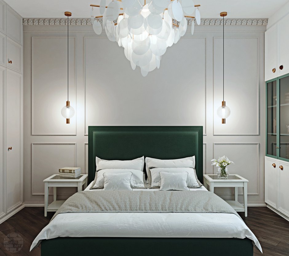 Спальня для молодой пары Неоклассика зеленые оттенки